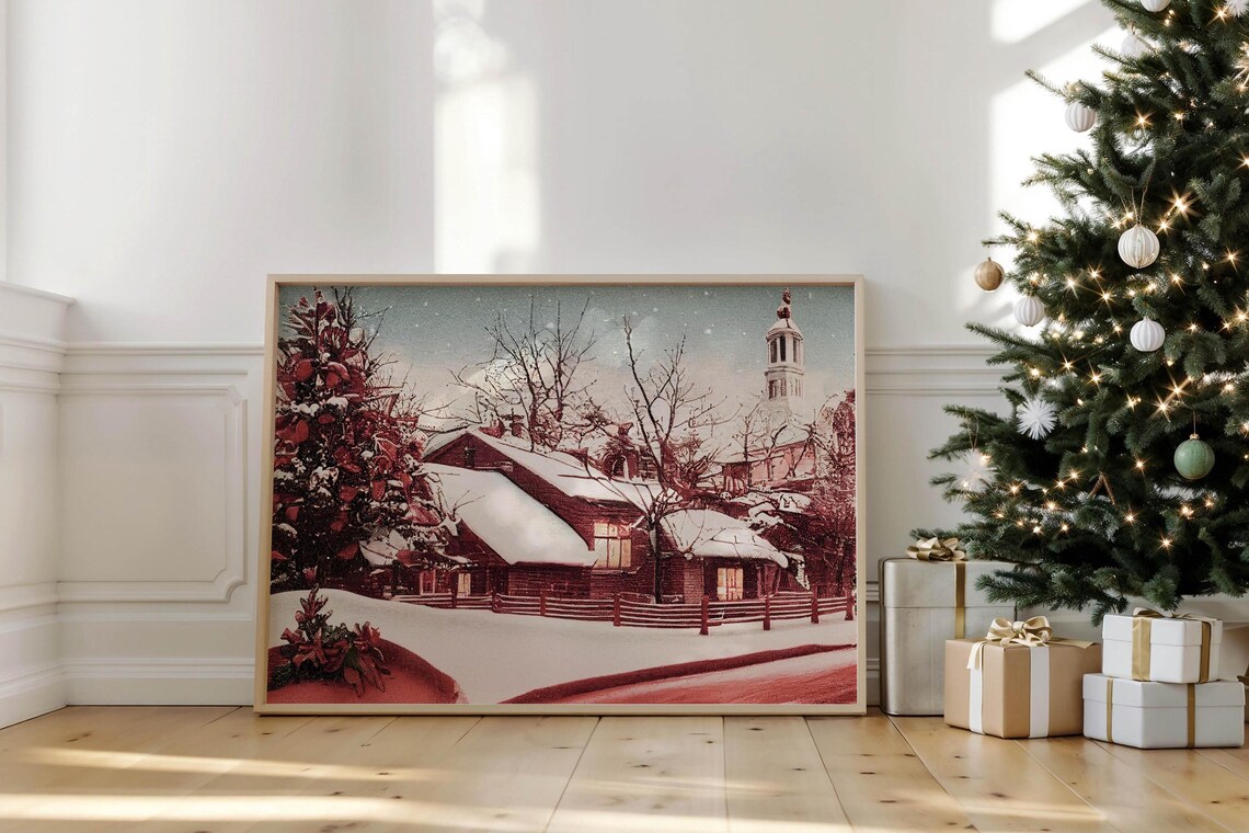 Vintage Snowy Village Church Winter Landscape Christmas Poster - Image 5