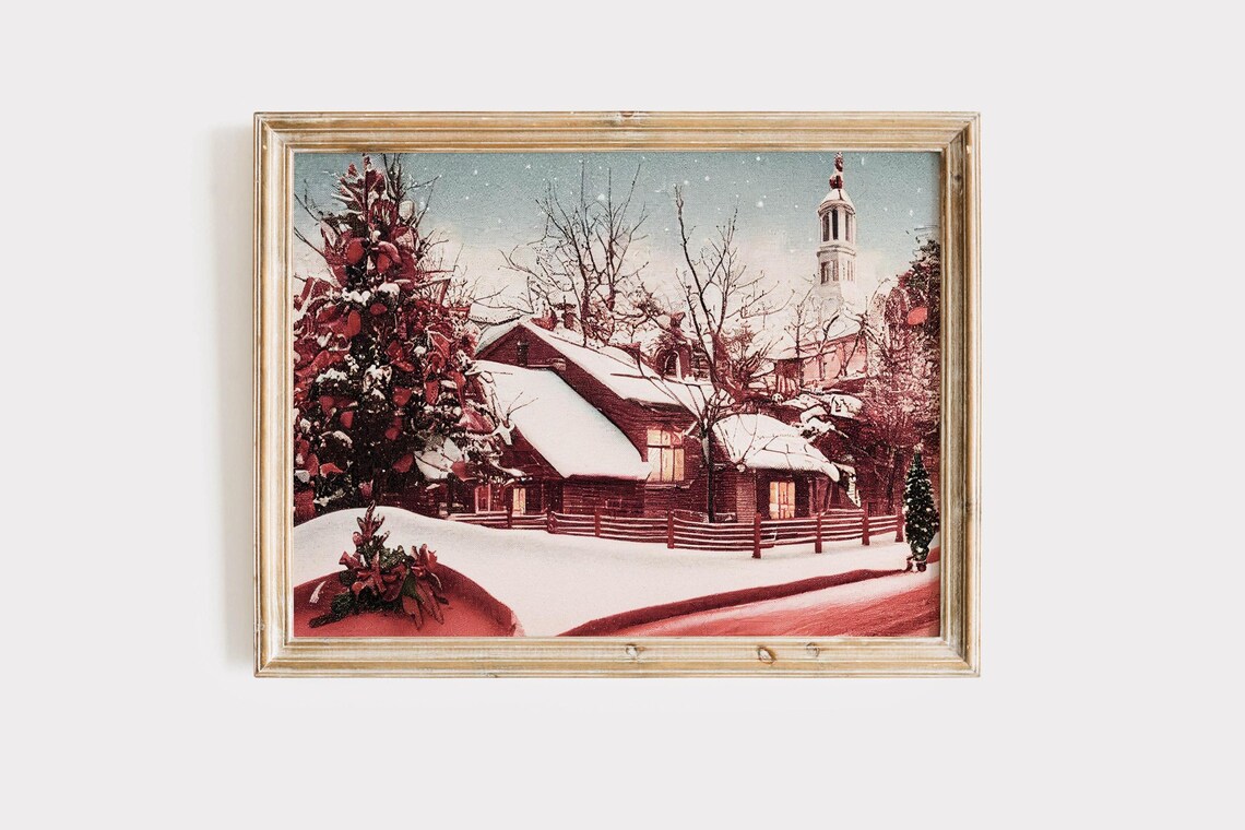Vintage Snowy Village Church Winter Landscape Christmas Poster - Image 6