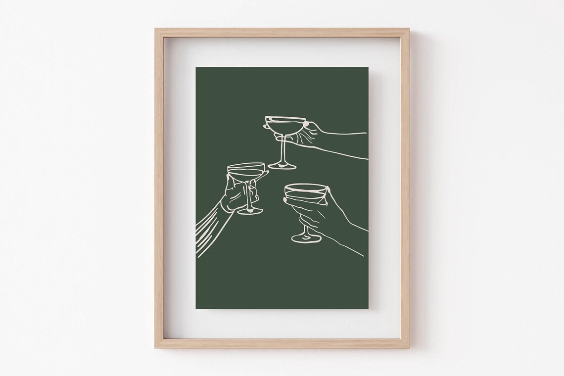 Cheers Toast Champagne Coupes Line Art On Dark Green Bar Cart Wall Art Print - Image 5
