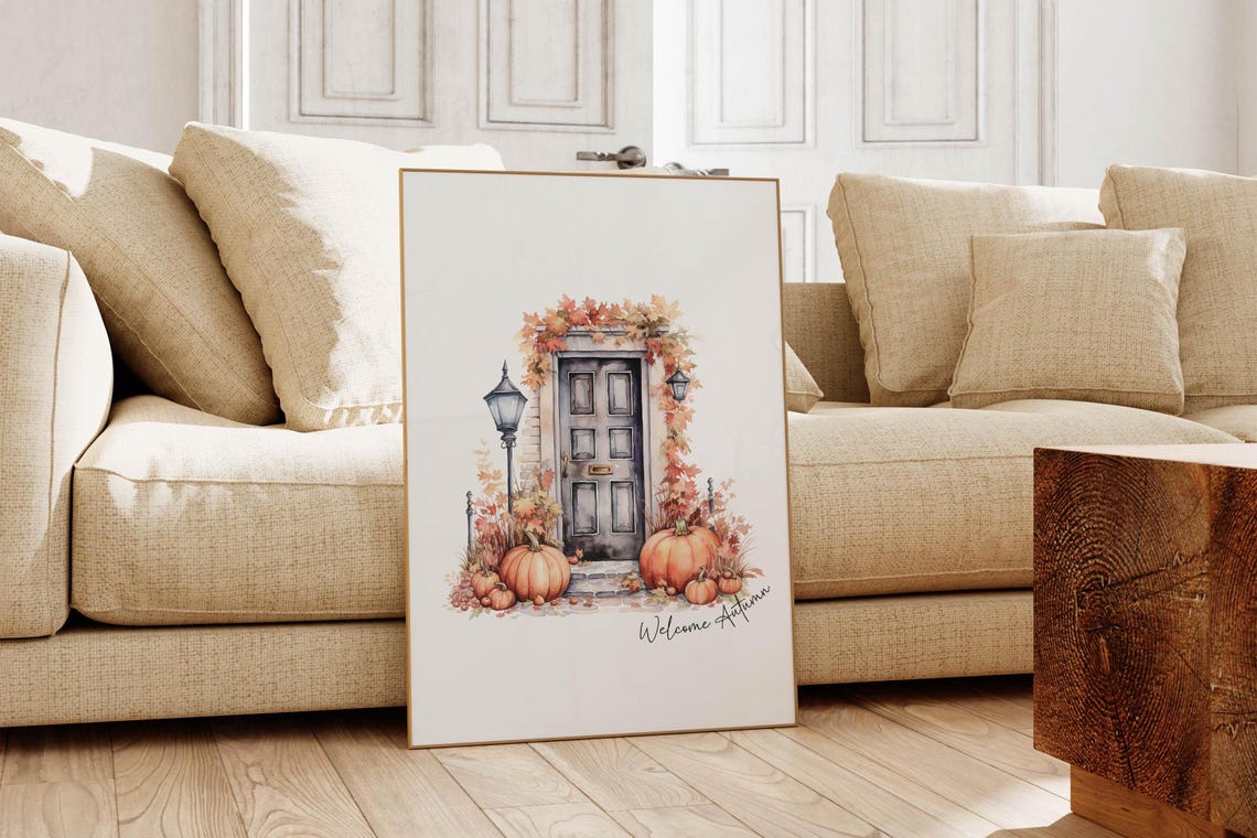 Welcome Autumn Watercolor Front Door Pumpkins Fall Scene Poster - Image 5