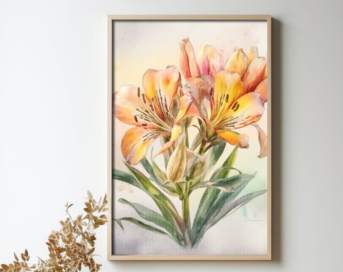 Alstroemeria Watercolor Painting, Realistic Peruvian Lily