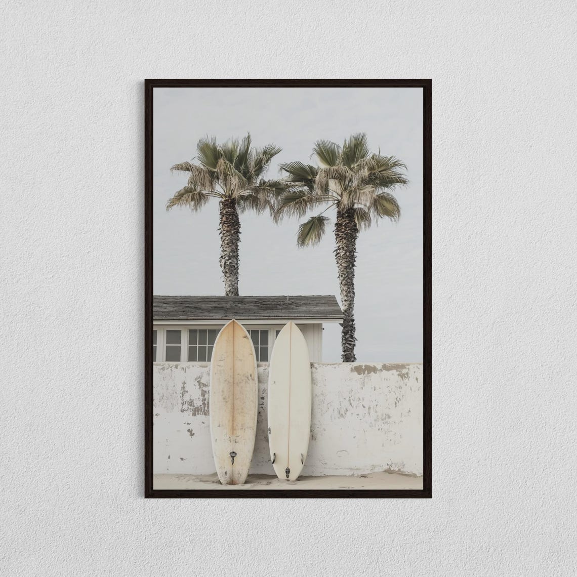 Two Surfboards Against a White Beach Shack Retro Coastal Print