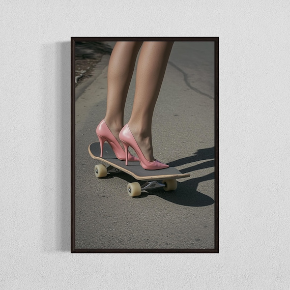 Pink High Heels Riding a Skateboard Quirky Fashion Art Print