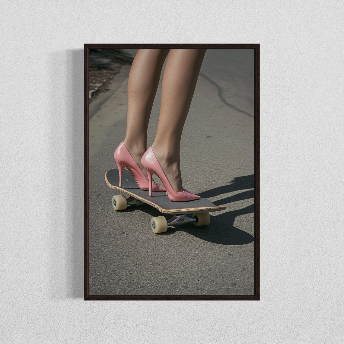 Pink High Heels Riding a Skateboard Quirky Fashion Art Print