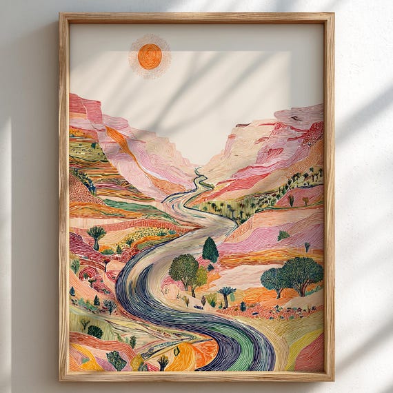 Canyon Road Pastel Landscape Art Print Whimsical Nature Wall Decor Poster