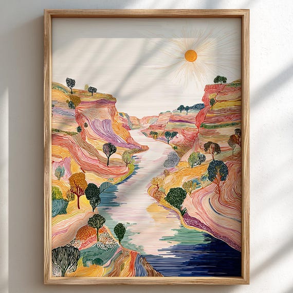 Eclipse Bend Pastel River Landscape Art Print Whimsical Nature Wall Decor Poster