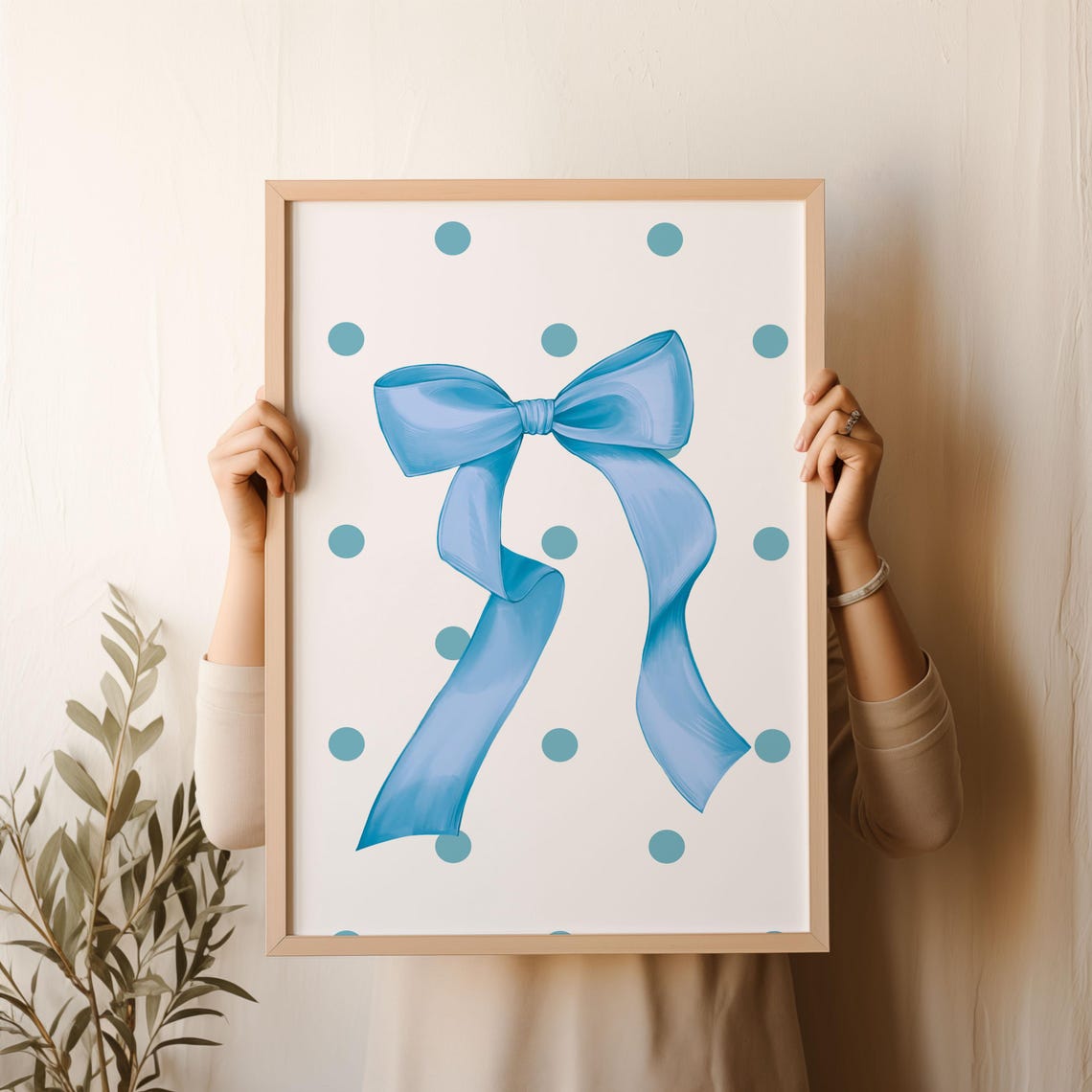 Blue Satin Bow Watercolor With Polka Dots Coquette Nursery Wall Print