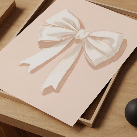 Cream Ribbon Bow Blush Pink Minimalist Coquette Nursery Art Poster