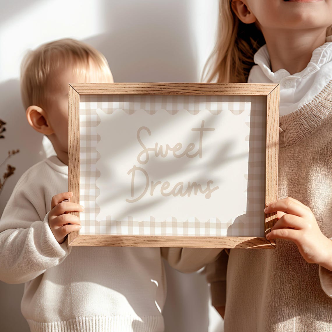 Sweet Dreams Beige Gingham Check Script Nursery Baby Wall Art - Image 2