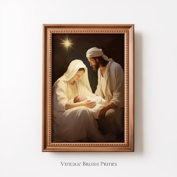 Nativity Scene Painting Mary Joseph Baby Jesus Star Christmas Poster