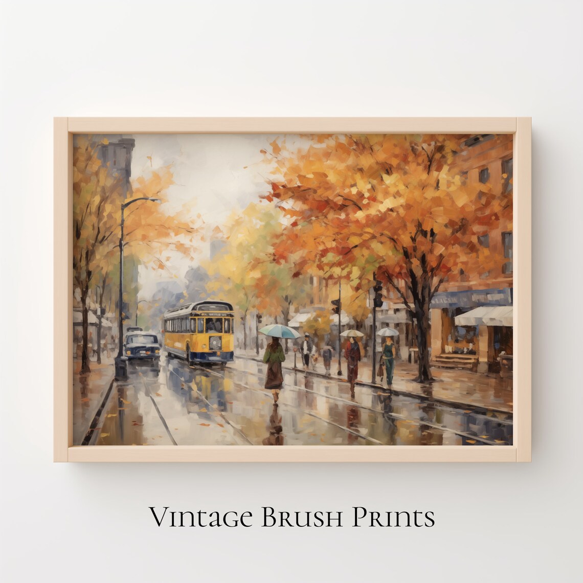 Rainy Autumn City Street Yellow Bus Umbrellas Impressionist Poster