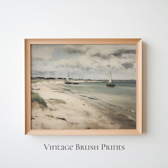Quiet Coastal Beach Sailboats Watercolor Vintage Neutral Art Poster