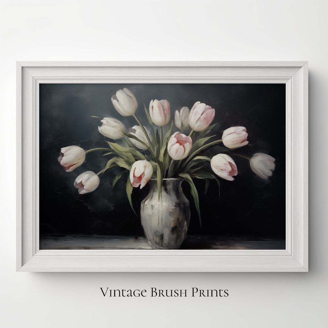 White Tulips in Moody Still Life Vintage Spring Cottage Poster