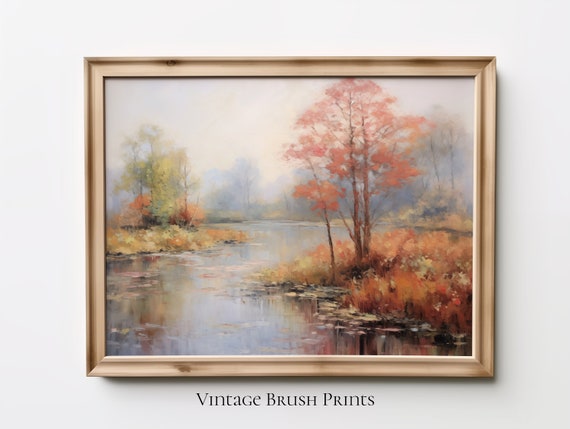 Vintage Autumn Landscape Painting Rustic Fall Decor