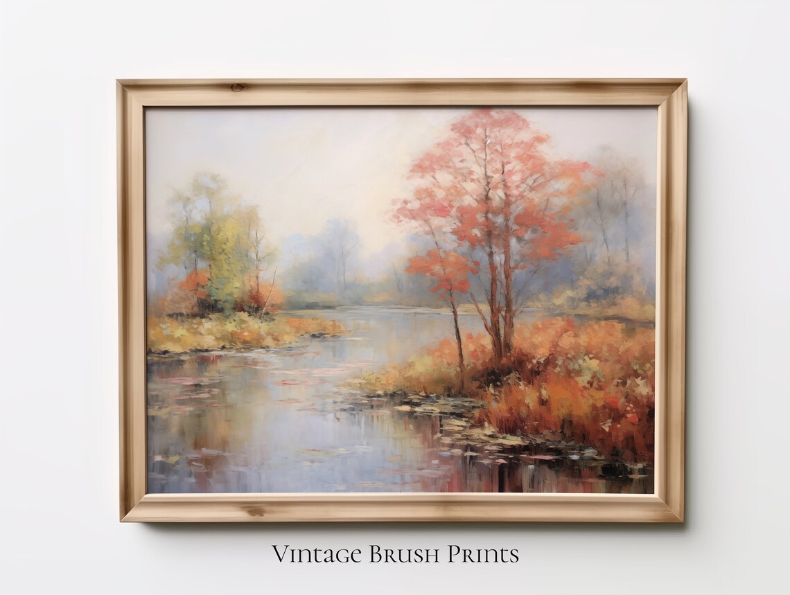 Autumn Lakeside Red Tree Calm Water Fall Landscape Oil Painting Poster
