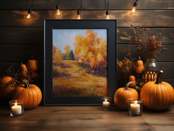 Vintage Fall Landscape Painting Rustic Autumn Forest Scene