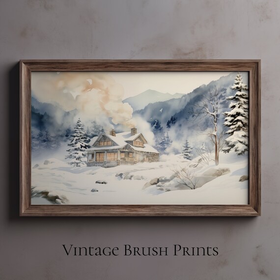 Snowy Winter Cabin in Misty Mountains Watercolor Painting Poster