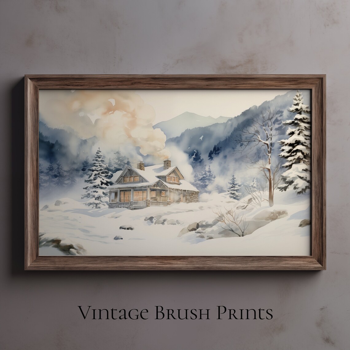 Snowy Winter Cabin in Misty Mountains Watercolor Painting Poster