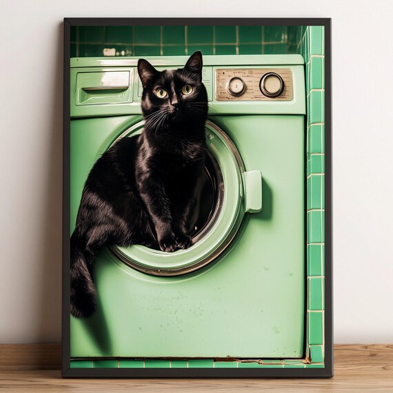 Funny Black Cat Wall Art Sitting On Washing Machine Retro Mint Bathroom Poster Vintage Print Humorous Decordigital