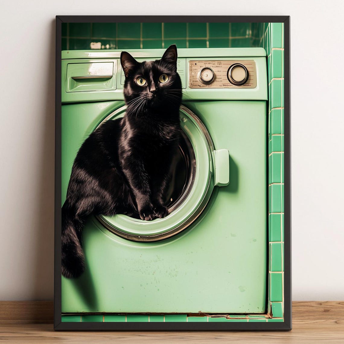Black Cat Sitting On Vintage Mint Washing Machine Retro Cat Photo Poster