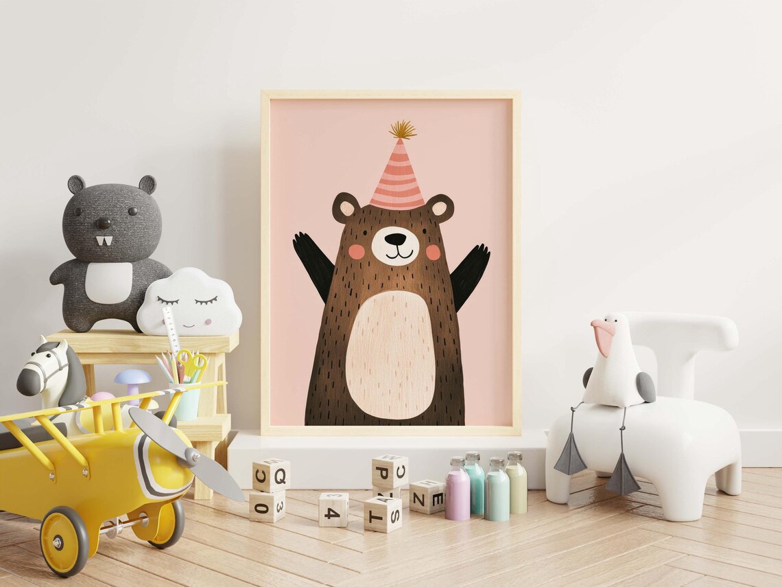 Nursery Birthday Bear Wall Art of Cute Animal in a Party Hat - Image 2