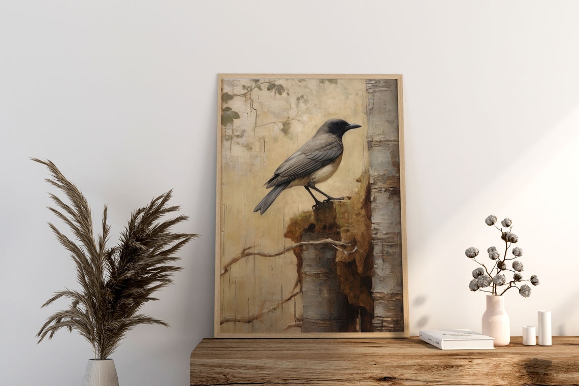 Vintage Gray Songbird Perched On Weathered Birch Tree Art Print - Image 3