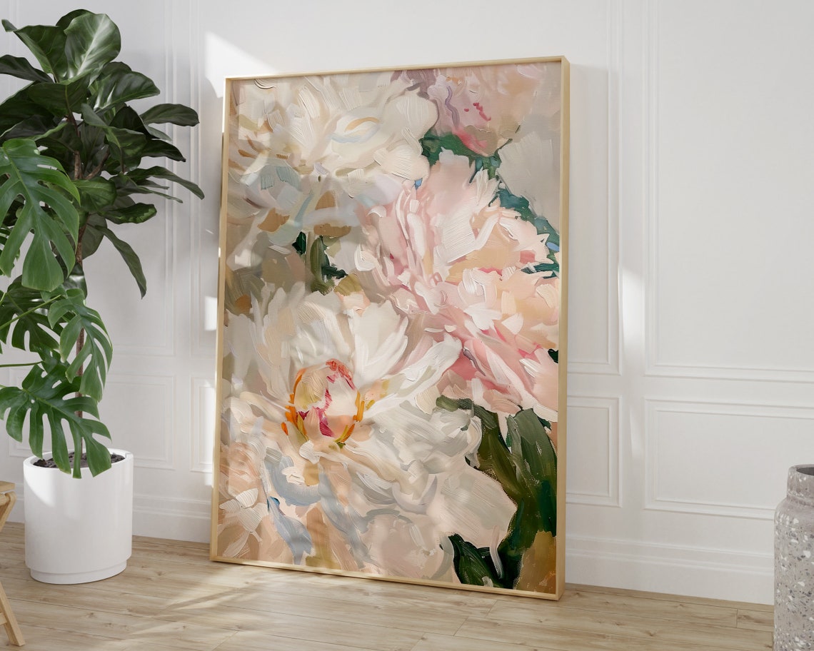 Blush Peony Bloom Soft Floral Oil Painting Elegant Vintage Poster - Image 3
