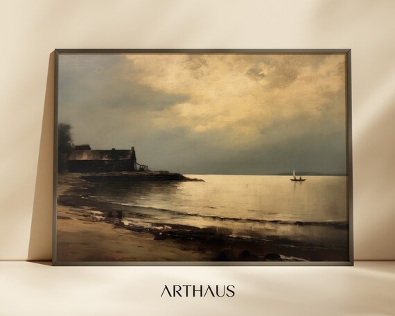 Vintage Antique Seaside Cottage Sailboat Moody Coast Oil Art Poster