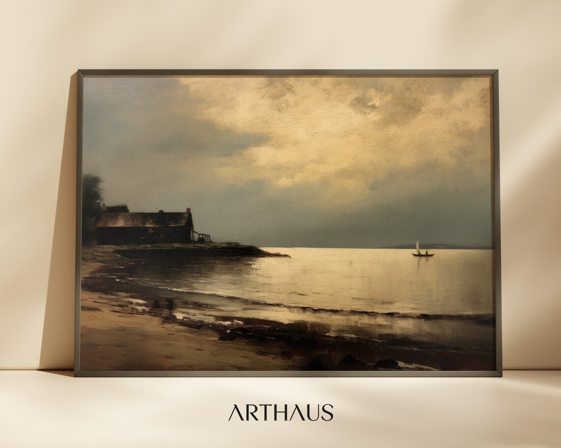 Vintage Antique Seaside Cottage Sailboat Moody Coast Oil Art Poster