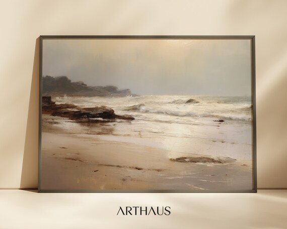 Muted Vintage Coastal Seascape Waves Neutral Shore Art Poster