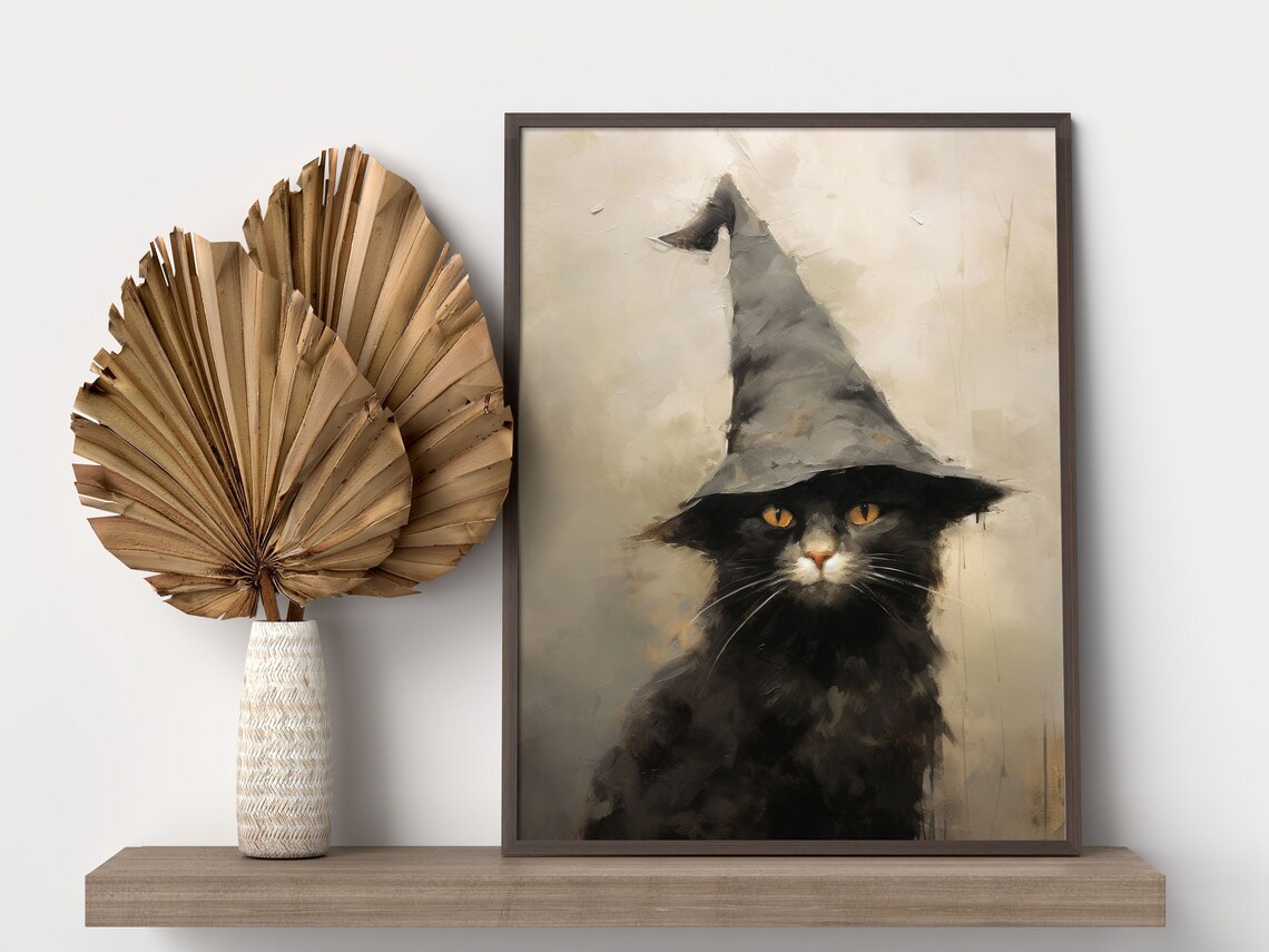 Cute Black Cat in Witch Hat Painting Spooky Halloween Art Print - Image 3