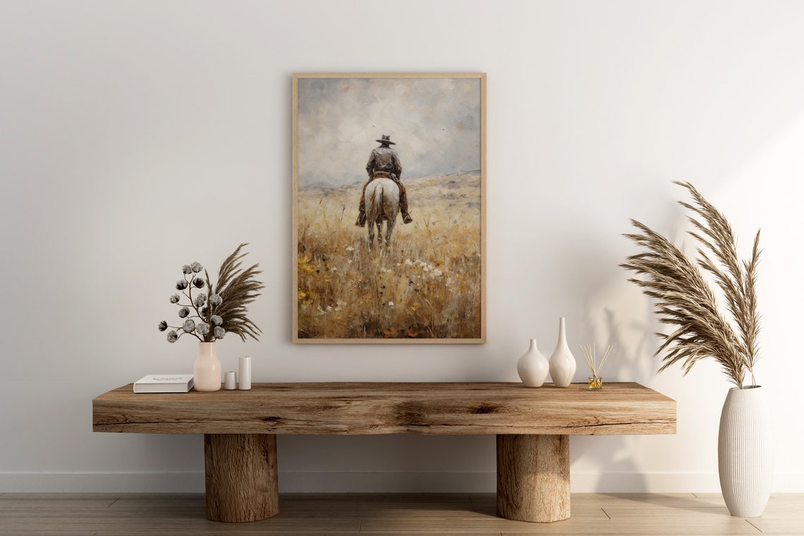 Rustic Horse Rider Oil Painting Vintage Western Cowboy Art Southwest Room Decor Countryside Print Animal Wall Art - Image 3