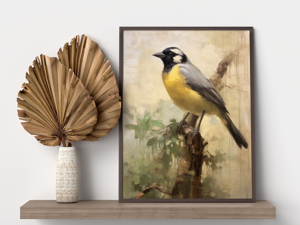 Cheerful Yellow Breasted Songbird On A Leafy Branch Painting Poster - Image 2