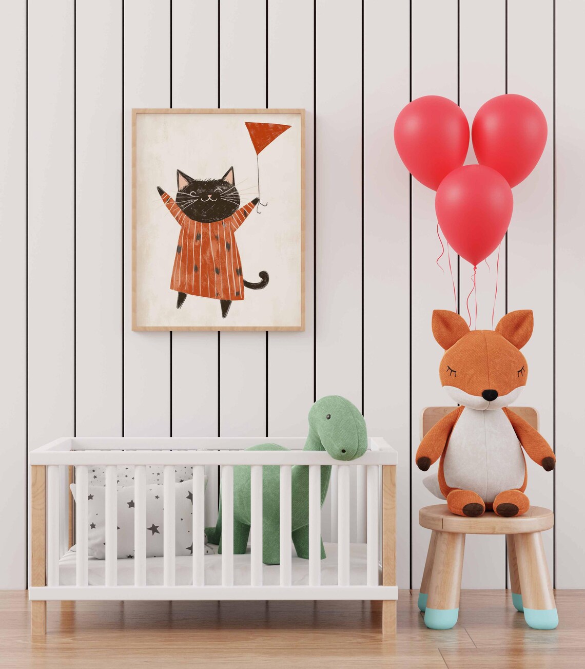 Black Cat in Orange Dress Holding Red Kite Playful Nursery Wall Art - Image 3