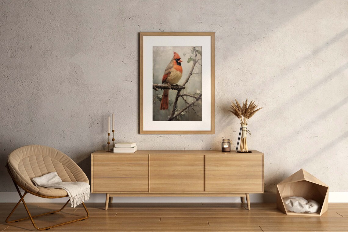 Northern Cardinal Perched On A Bare Branch Vintage Painting Poster - Image 2