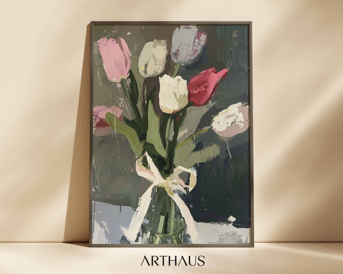Tulips in Glass Vase with Ribbon Painterly Floral Still Life Poster