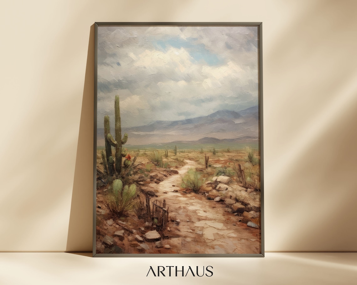 Desert Cactus Trail Landscape Vintage Southwestern Oil Print