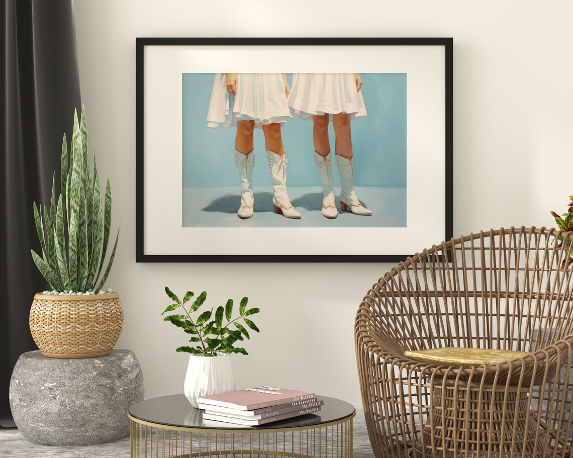 Two Women in White Dresses and Cowboy Boots Modern Painting Poster - Image 3