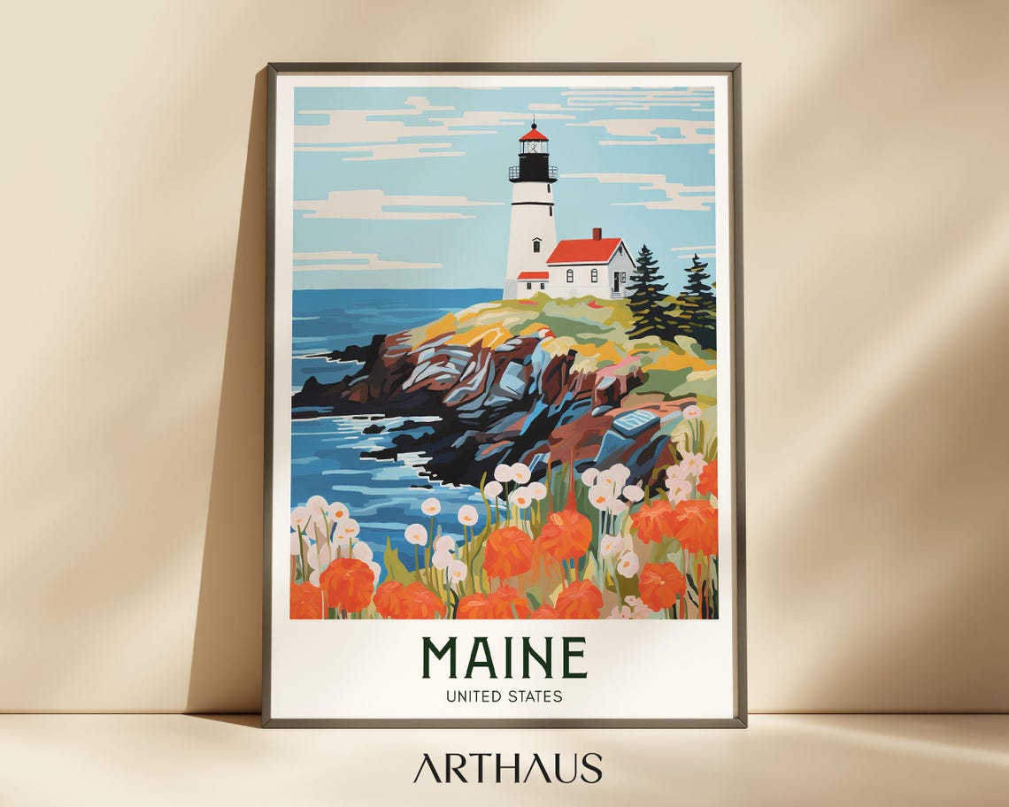 Maine Lighthouse Rocky Ocean Coast Poppies Vintage Travel Poster