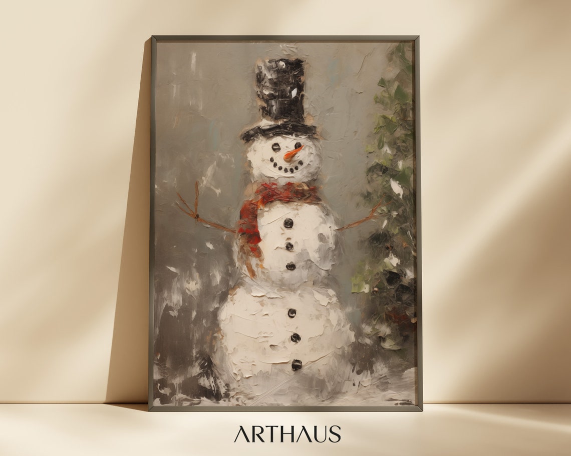 Vintage Snowman Oil Painting Top Hat Red Scarf Christmas Print