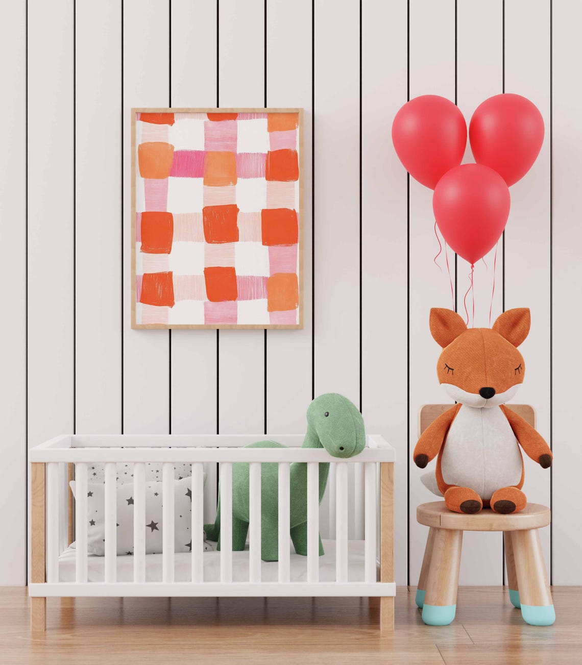 Pink Orange Checkered Pattern Abstract Brushstroke Nursery Wall Art - Image 3