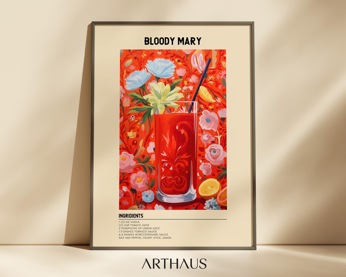 Bloody Mary Cocktail Art Print, Eclectic Bar Kitchen