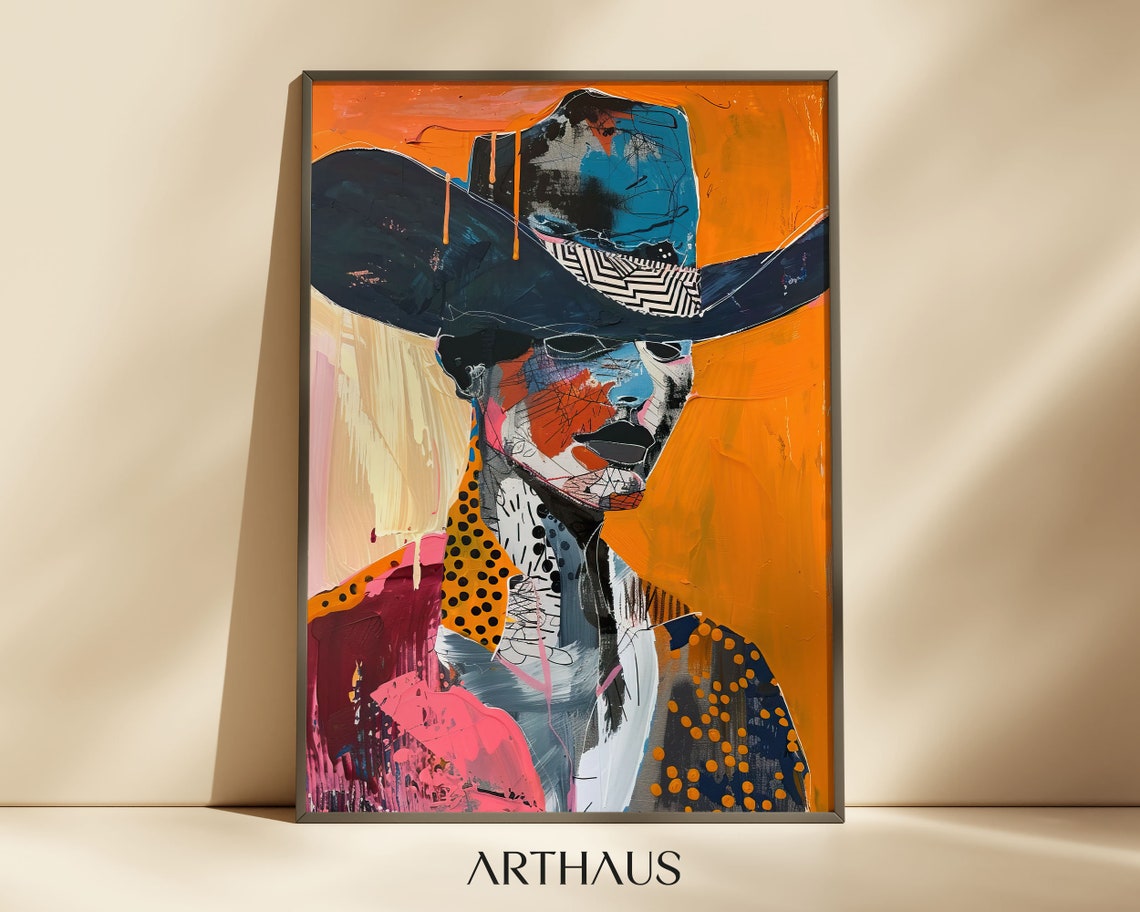 Bold Abstract Cowboy Portrait With Hat Fiery Orange Art Print
