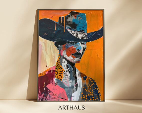 Bold Abstract Cowboy Portrait With Hat Fiery Orange Art Print