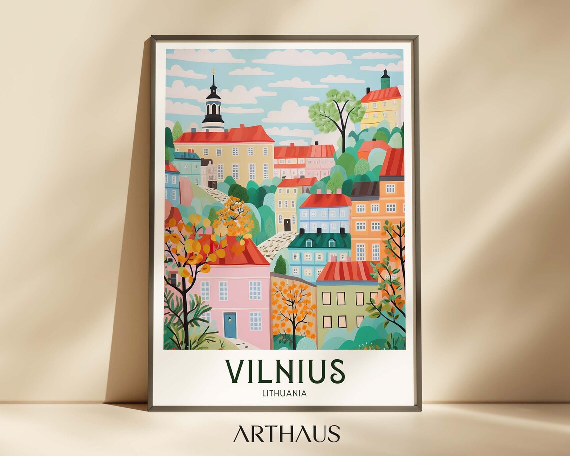 Vilnius Lithuania Bright Colorful Old Town Cityscape Travel Poster