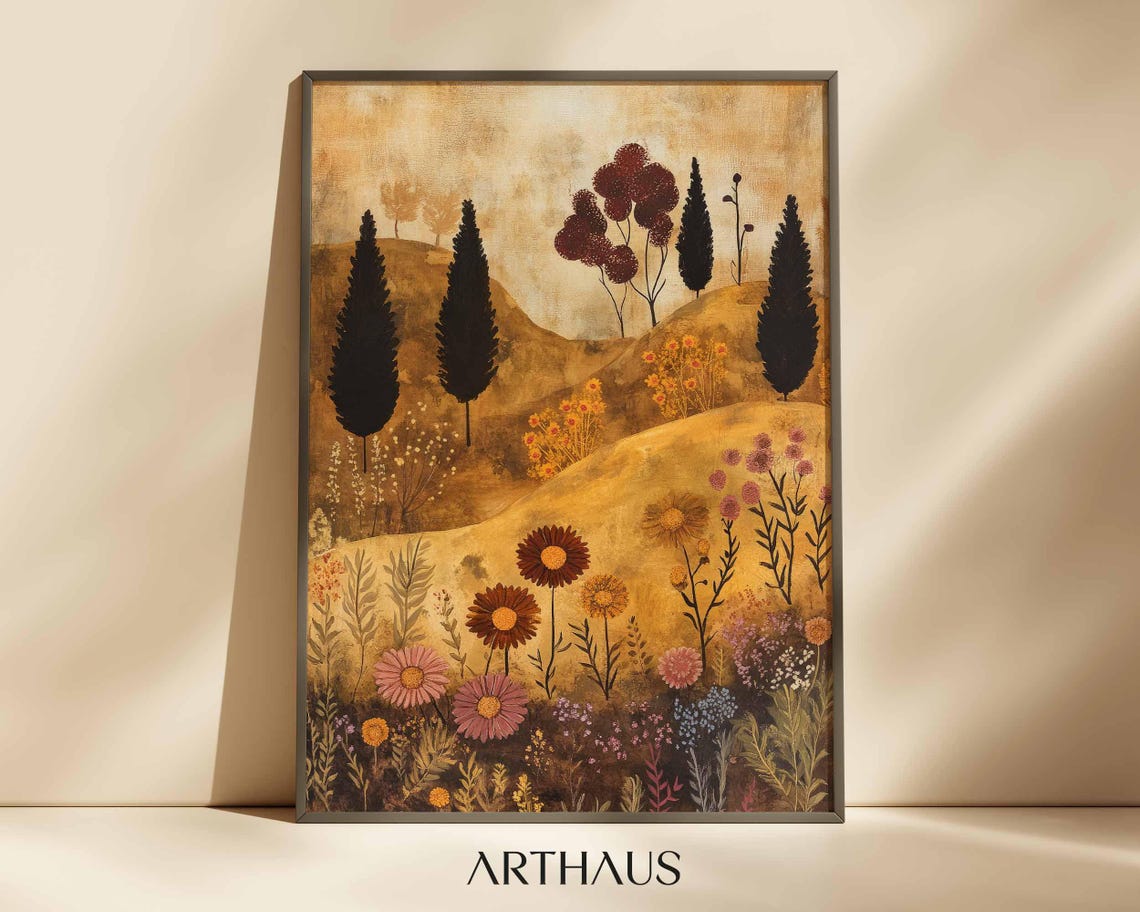 Golden Hills Cypress Trees Wildflowers Warm Landscape Art Poster