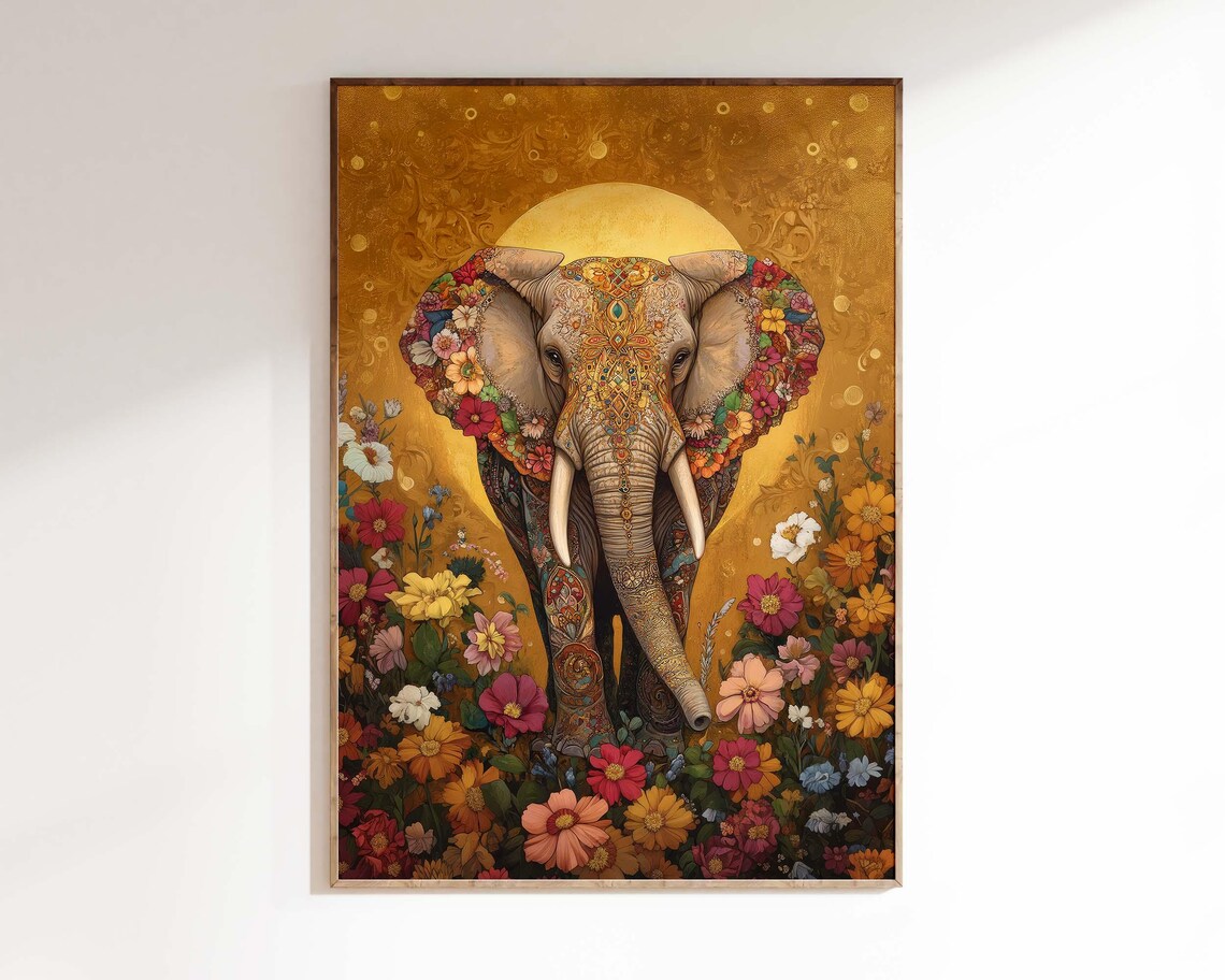 Decorated Indian Elephant Gold Background Floral Wildlife Poster - Image 2