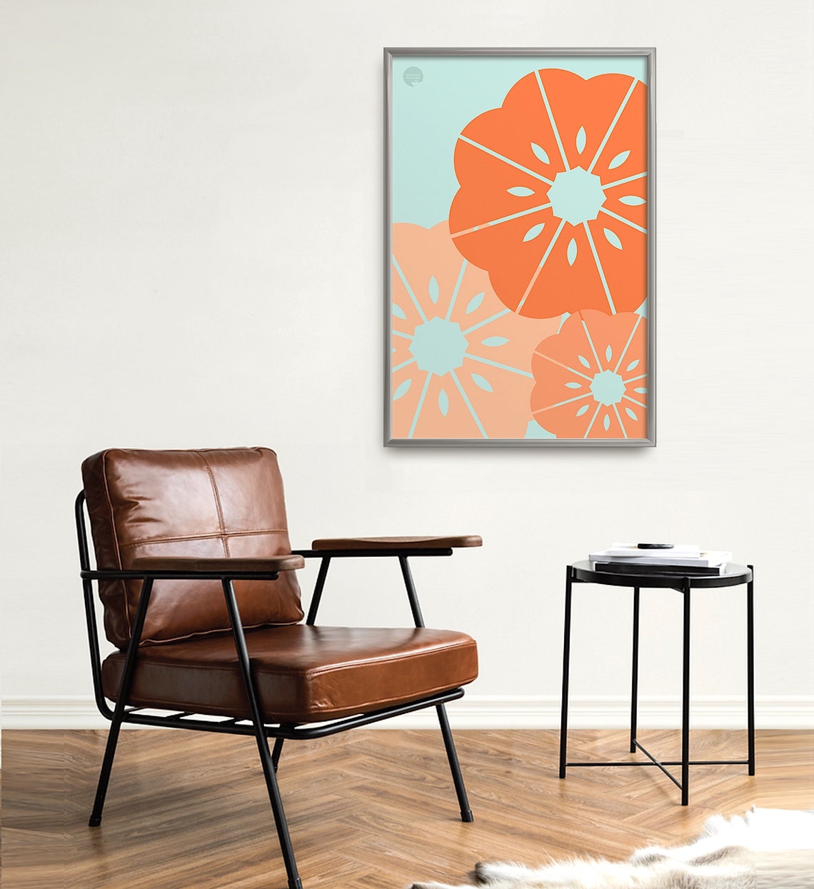 Tangerine Geometric Blooms Poster Aqua Ground Modern Floral Art - Image 5