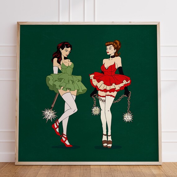 Retro Pin Up Burlesque Christmas Dancers Festive Holiday Art Poster
