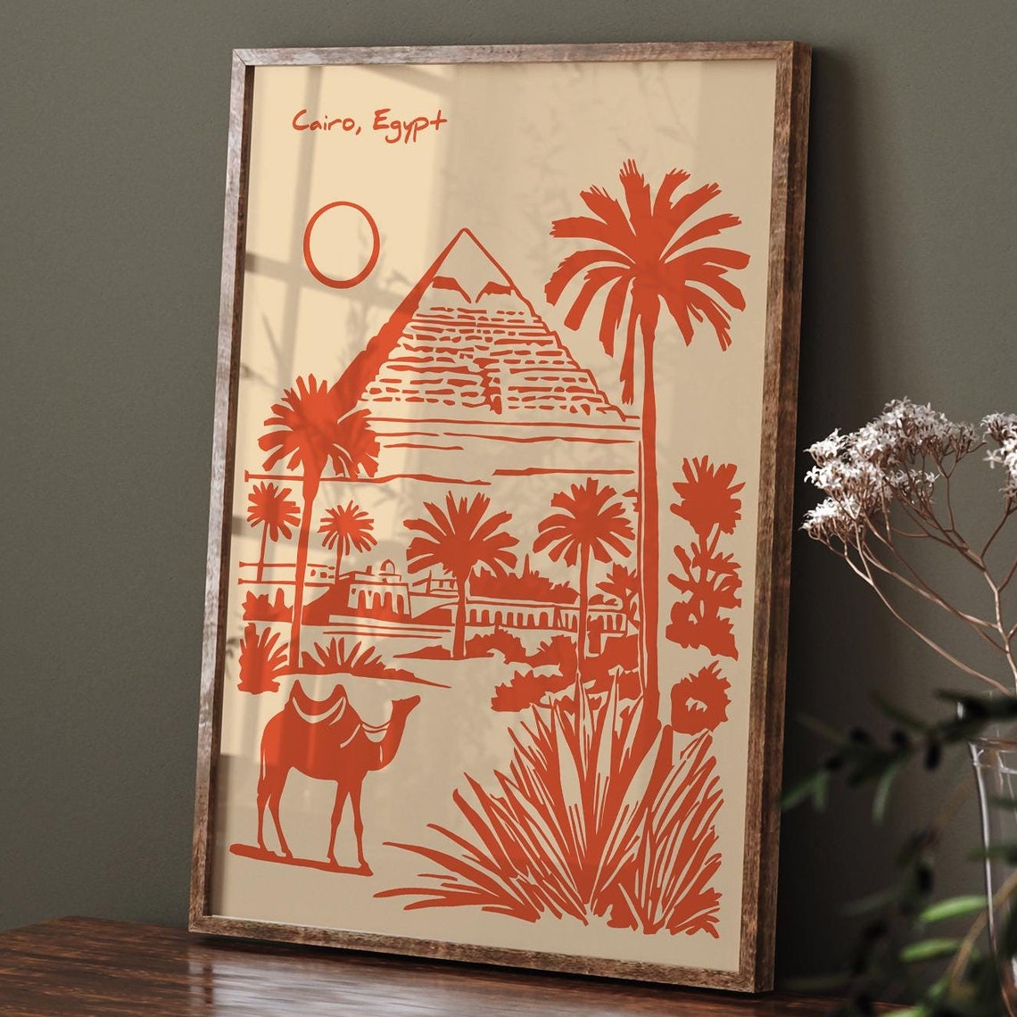 Retro Cairo Egypt Orange Pyramid Camel Desert Travel Art Poster